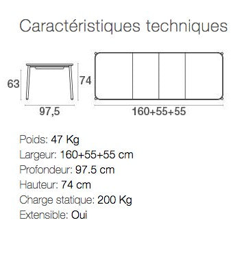 Table de repas extensible YARD 160 ( + 2 allonges de 55 cm) X 97,5 cm - Plateau en aluminium -EMU